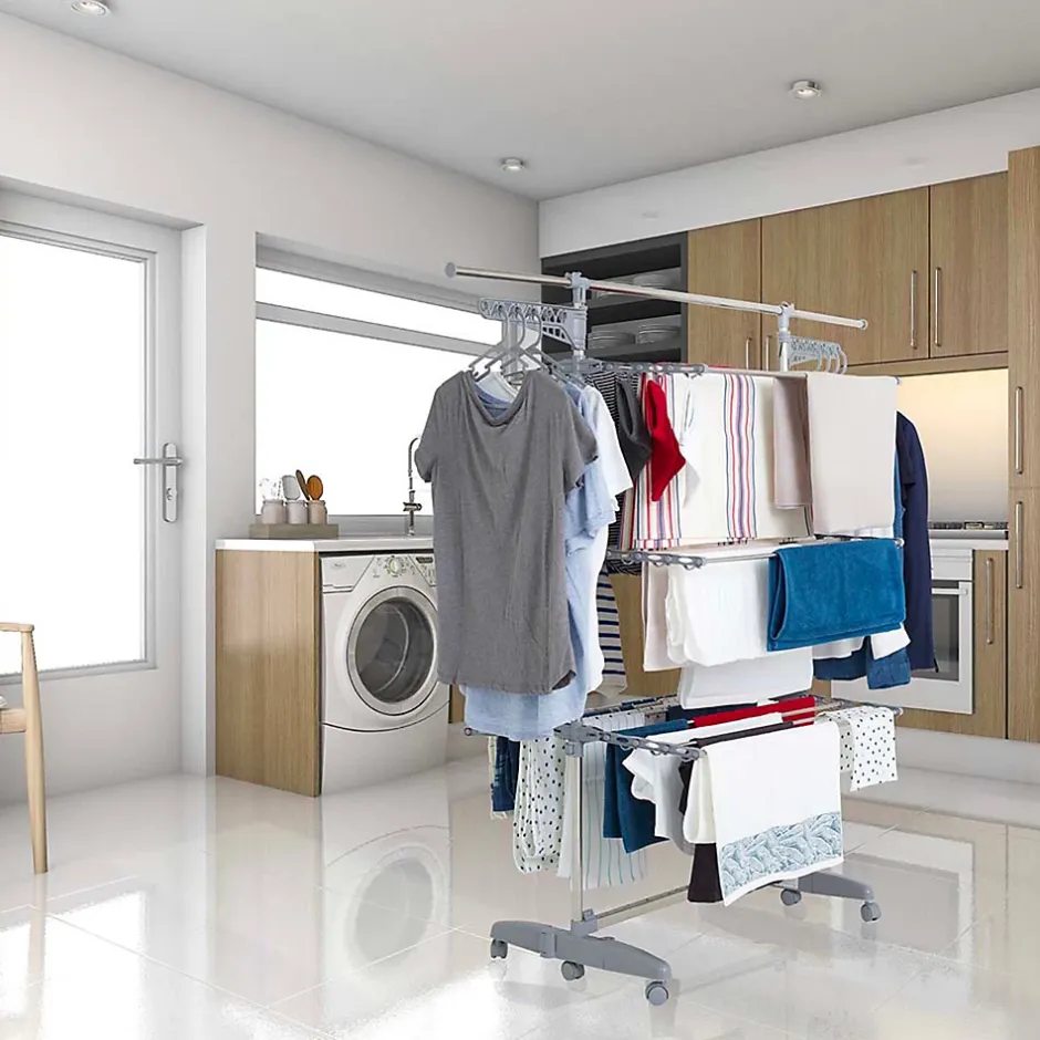 Kitchen Move Étendoir à linge multifonction sur roulettes 30 m d'étendage, 30 accessoires, 4 niveaux et 2 portes-cintres, gris et inox, Access* Etendoir À Linge