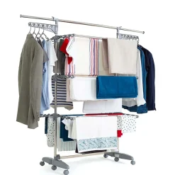 Kitchen Move Étendoir à linge multifonction sur roulettes 30 m d'étendage, 30 accessoires, 4 niveaux et 2 portes-cintres, gris et inox, Access* Etendoir À Linge