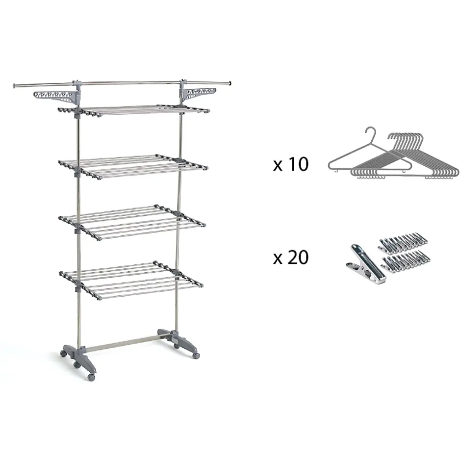 Kitchen Move Étendoir à linge multifonction sur roulettes 30 m d'étendage, 30 accessoires, 4 niveaux et 2 portes-cintres, gris et inox, Access* Etendoir À Linge