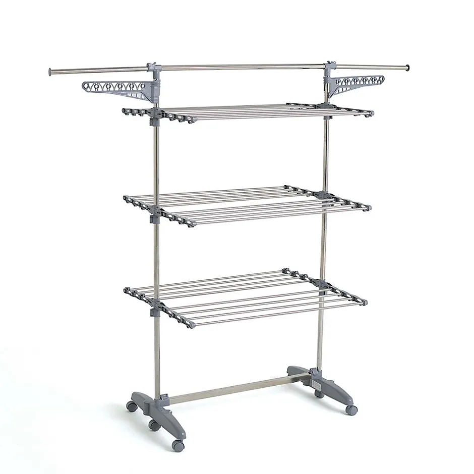 Kitchen Move Étendoir à linge multifonction sur roulettes grande capacité 25 m 3 niveaux et 2 portes-cintres, gris et inox, Extra Plus* Etendoir À Linge