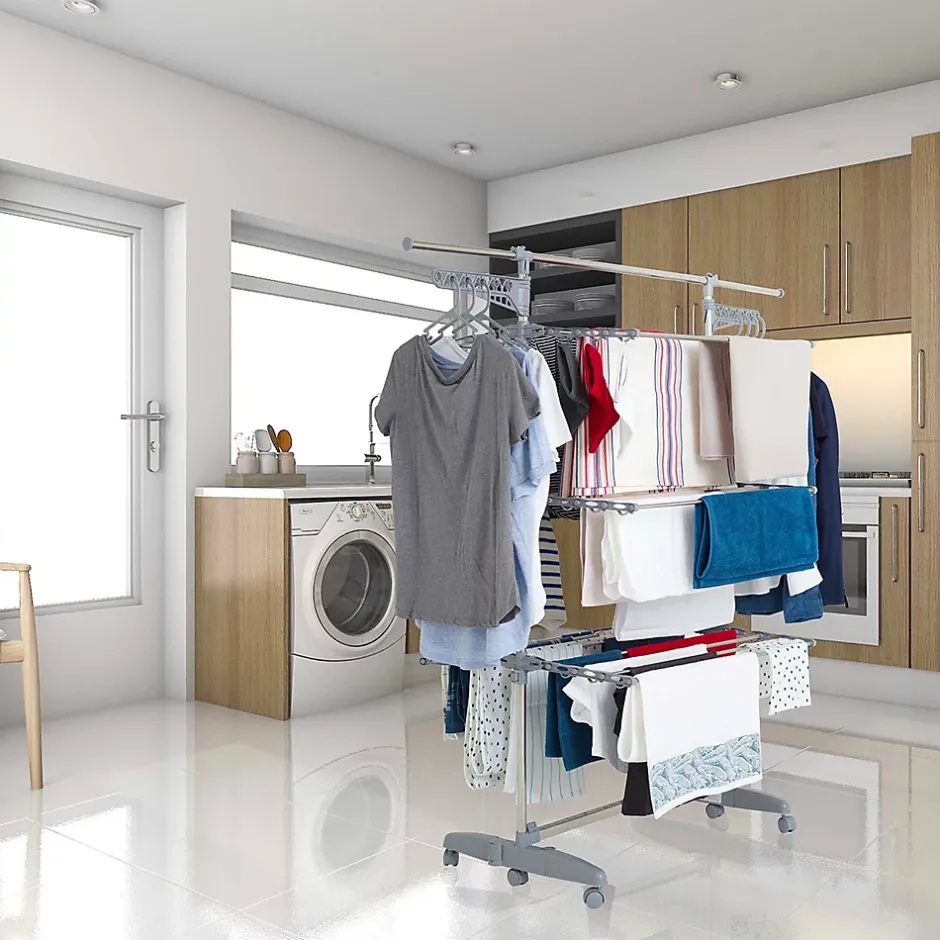 Kitchen Move Étendoir à linge multifonction sur roulettes grande capacité 25 m 3 niveaux et 2 portes-cintres, gris et inox, Extra Plus* Etendoir À Linge