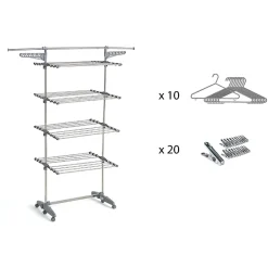 Kitchen Move Étendoir à linge multifonction sur roulettes 25 m d'étendage, 30 accessoires, 4 niveaux et 2 portes-cintres, gris et inox, Access* Etendoir À Linge