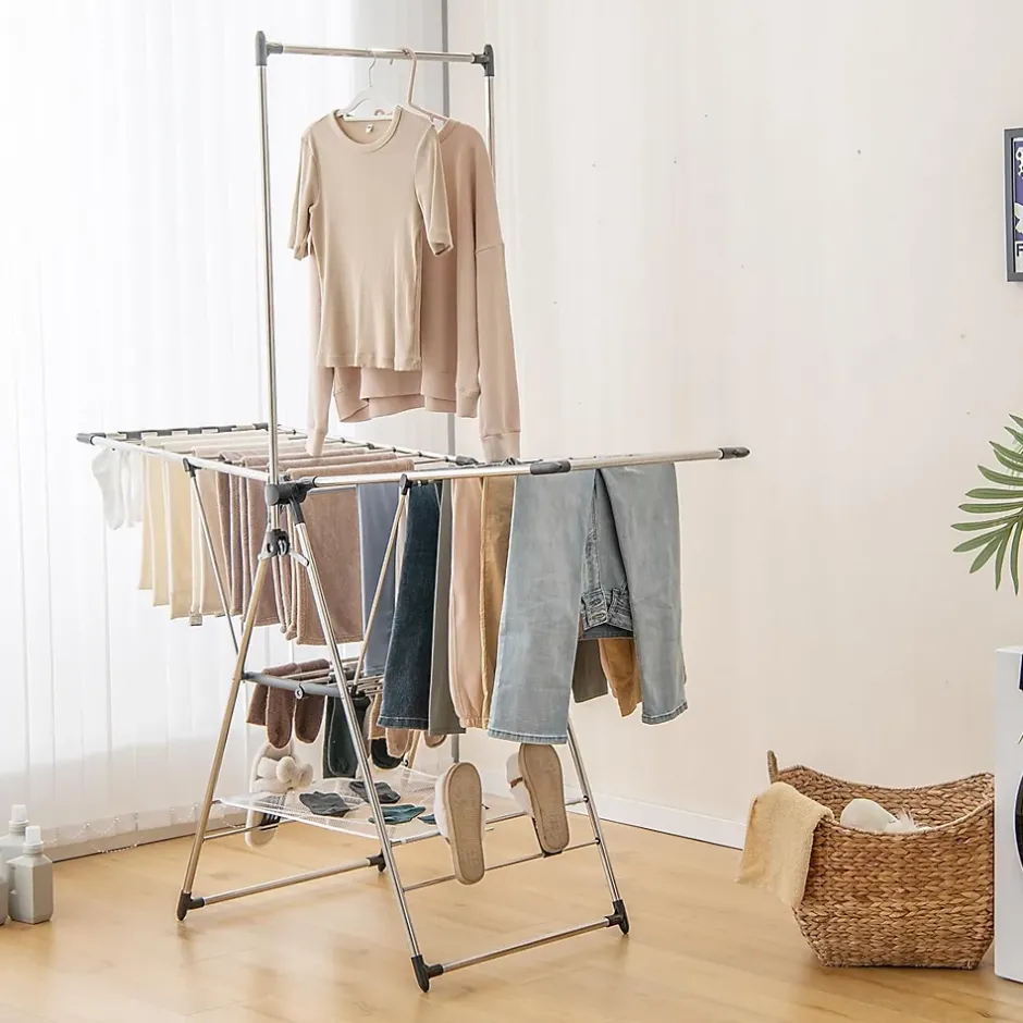 Giantex Étendoir à Linge Pliable à 6 Niveaux Réglable en Hauteur avec Cintres Suspendus en Hauteur et Clips Latéraux Séchoir à Ailes* Etendoir À Linge