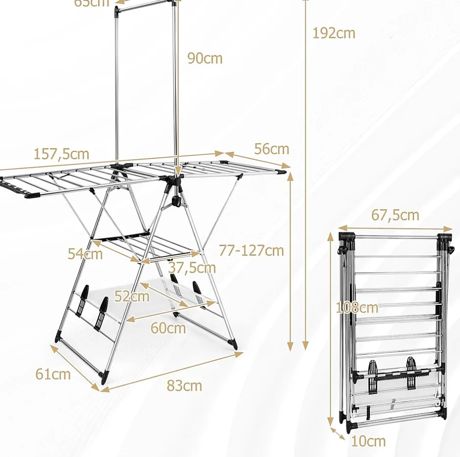 Giantex Étendoir à Linge Pliable à 6 Niveaux Réglable en Hauteur avec Cintres Suspendus en Hauteur et Clips Latéraux Séchoir à Ailes* Etendoir À Linge