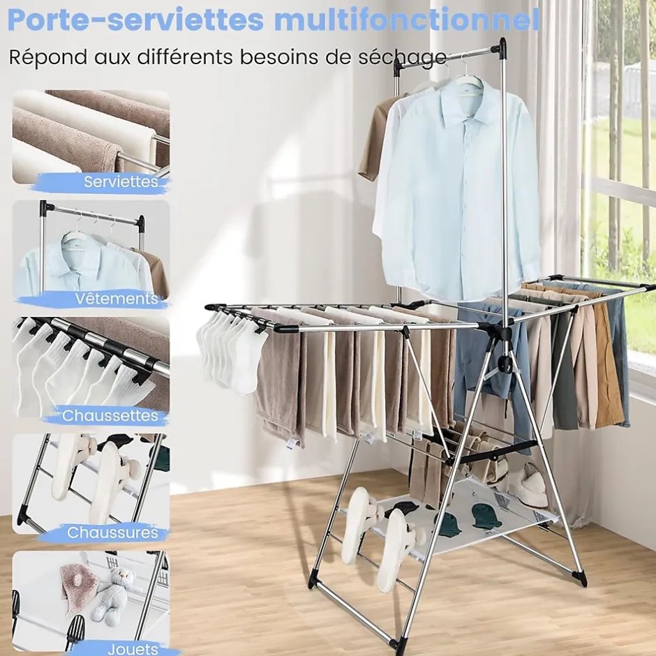 Giantex Étendoir à Linge Pliable à 6 Niveaux Réglable en Hauteur avec Cintres Suspendus en Hauteur et Clips Latéraux Séchoir à Ailes* Etendoir À Linge