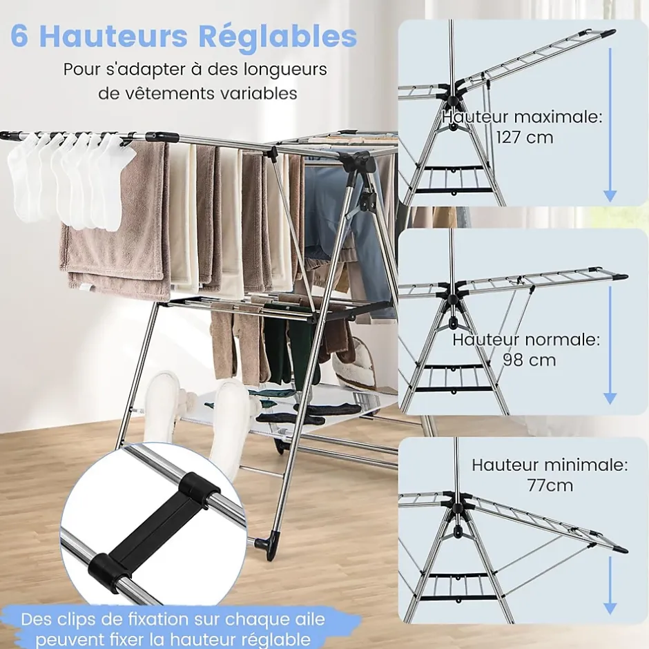 Giantex Étendoir à Linge Pliable à 6 Niveaux Réglable en Hauteur avec Cintres Suspendus en Hauteur et Clips Latéraux Séchoir à Ailes* Etendoir À Linge