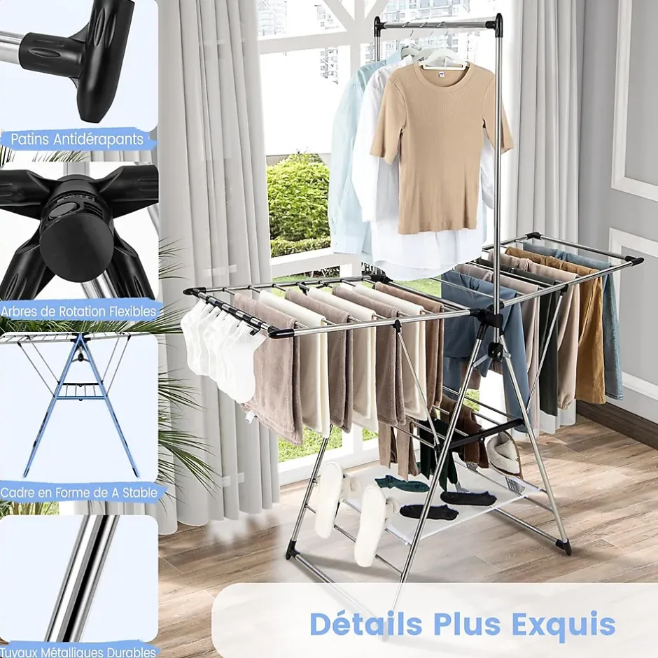 Giantex Étendoir à Linge Pliable à 6 Niveaux Réglable en Hauteur avec Cintres Suspendus en Hauteur et Clips Latéraux Séchoir à Ailes* Etendoir À Linge