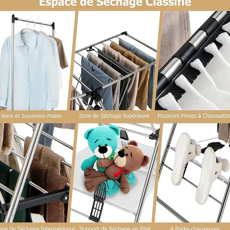 Giantex Étendoir à Linge Pliable à 6 Niveaux Réglable en Hauteur avec Cintres Suspendus en Hauteur et Clips Latéraux Séchoir à Ailes* Etendoir À Linge