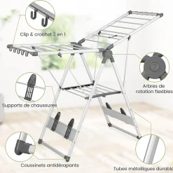 Giantex Étendoir à Linge Pliable à 2 Niveaux en Aluminium avec Ailes Réglables en Hauteur 21 Rails de Séchage 10 Pinces* Etendoir À Linge