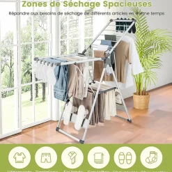 Giantex Étendoir à Linge Pliable à 2 Niveaux en Aluminium avec Ailes Réglables en Hauteur 21 Rails de Séchage 10 Pinces* Etendoir À Linge