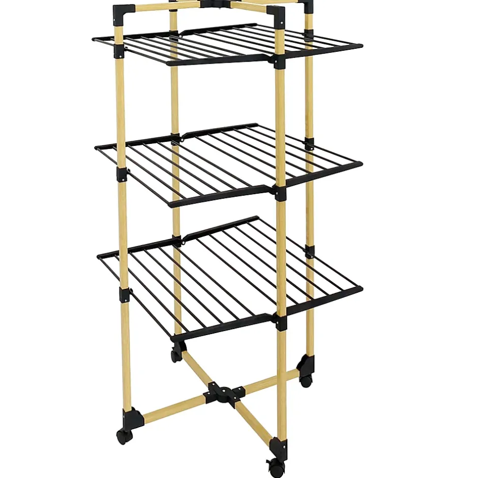 Kitchen Move Étendoir à linge pliable 30 m d'étendage sur 3 niveaux avec roulettes, acier noir et effet bois, Willis* Etendoir À Linge