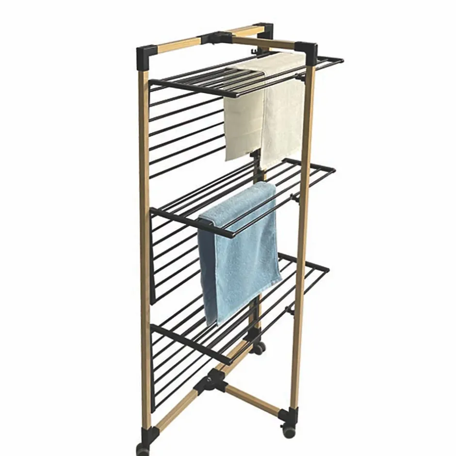 Kitchen Move Étendoir à linge pliable 30 m d'étendage sur 3 niveaux avec roulettes, acier noir et effet bois, Willis* Etendoir À Linge