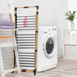 Kitchen Move Étendoir à linge pliable 30 m d'étendage sur 3 niveaux avec roulettes, acier noir et effet bois, Willis* Etendoir À Linge
