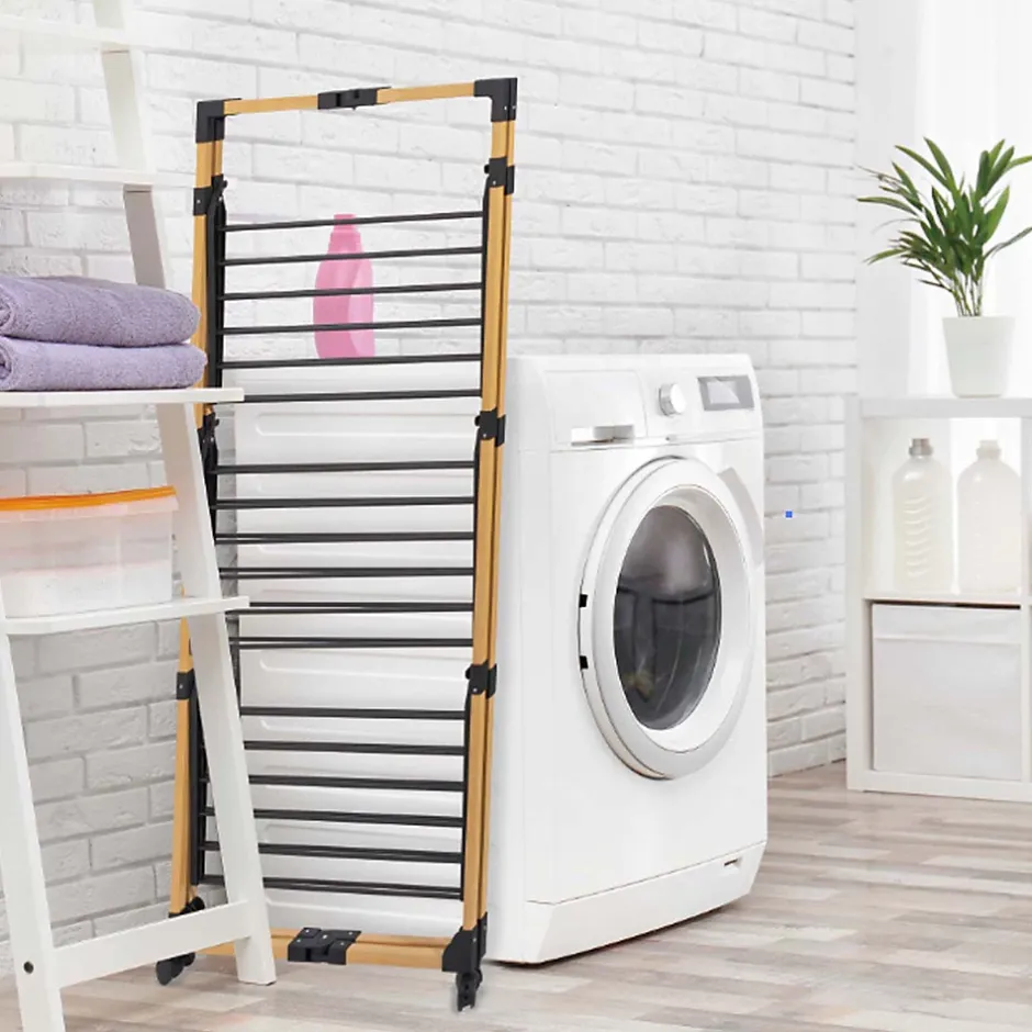 Kitchen Move Étendoir à linge pliable 30 m d'étendage sur 3 niveaux avec roulettes, acier noir et effet bois, Willis* Etendoir À Linge
