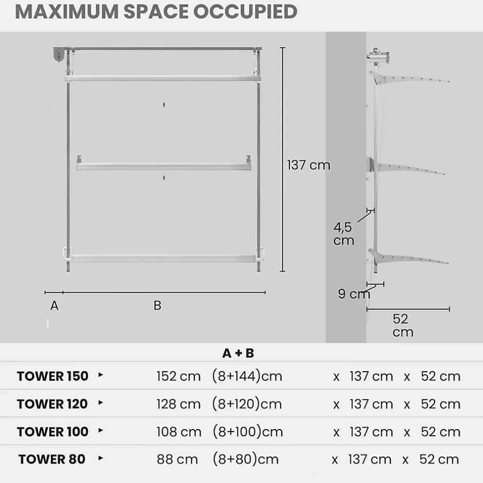 Foxydry Étendoir mural 3 grilles pliables blanc 88x52x137 cm alu Tower 80