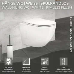 Luxebath Toilette suspendu céramique sans rebord court cuvette siège duroplast softclose* Wc Suspendu