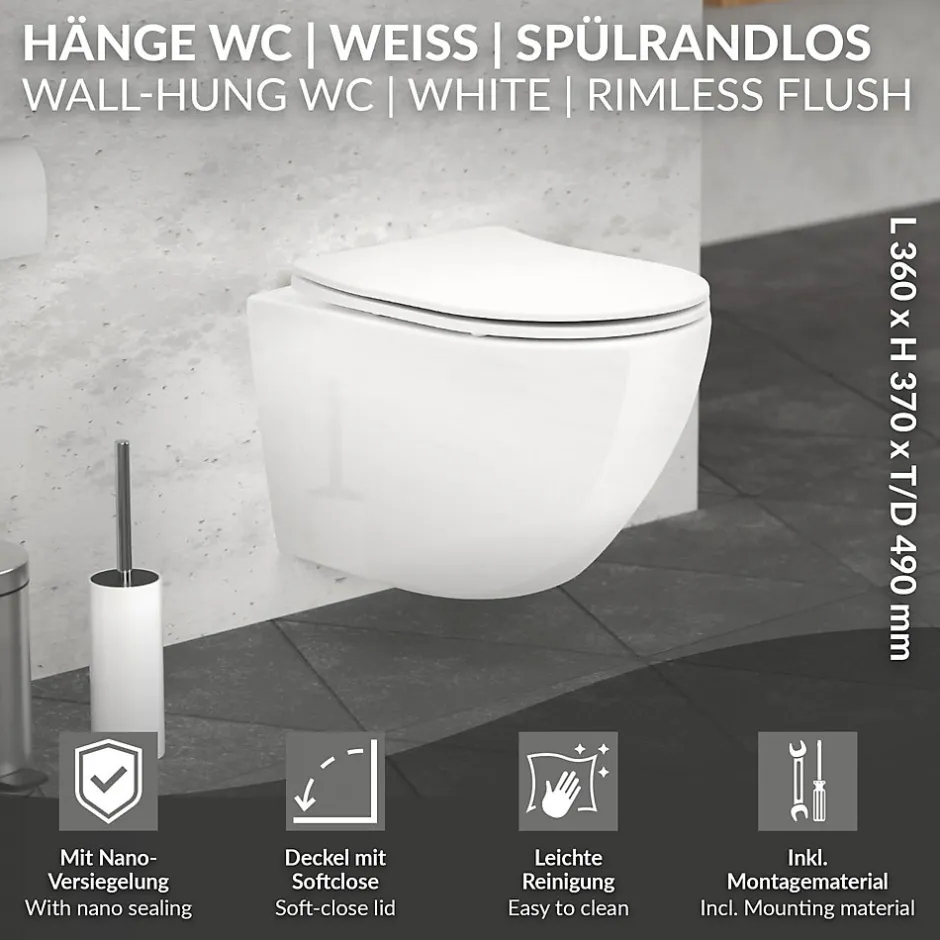 Luxebath Toilette suspendu céramique sans rebord court cuvette siège duroplast softclose* Wc Suspendu
