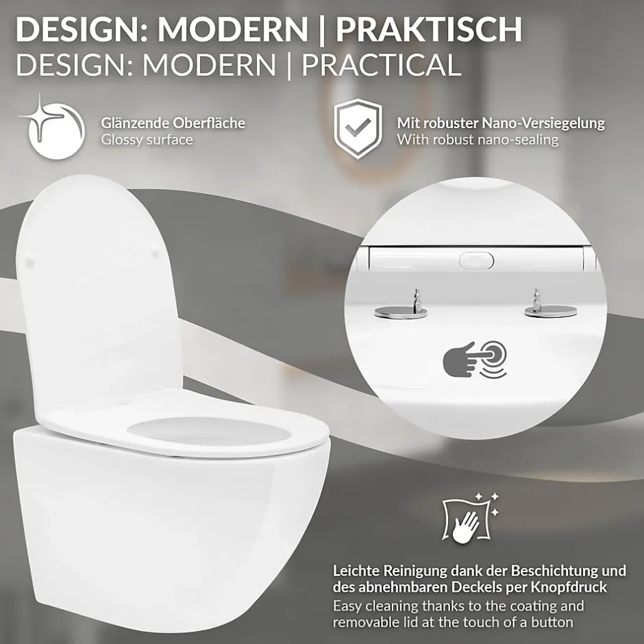 Luxebath Toilette suspendu céramique sans rebord court cuvette siège duroplast softclose* Wc Suspendu