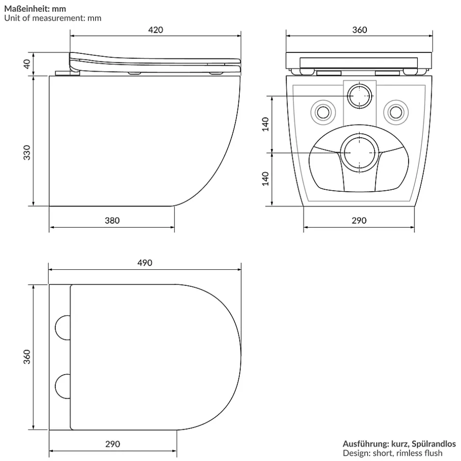 Luxebath Toilette suspendu céramique sans rebord court cuvette siège duroplast softclose* Wc Suspendu
