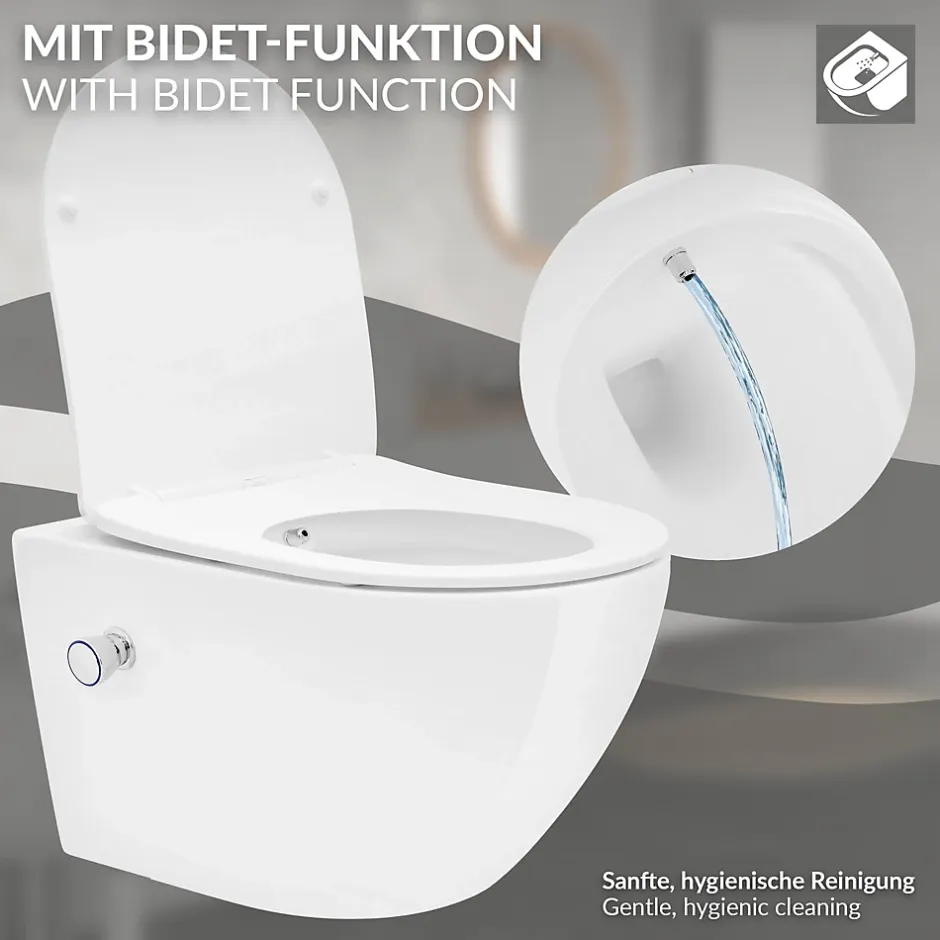Luxebath Toilette suspendu sans rebord blanc WC Soft Close fonction bidet salle de bain