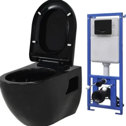 Vidaxl Toilette suspendue au mur avec réservoir caché Céramique Noir