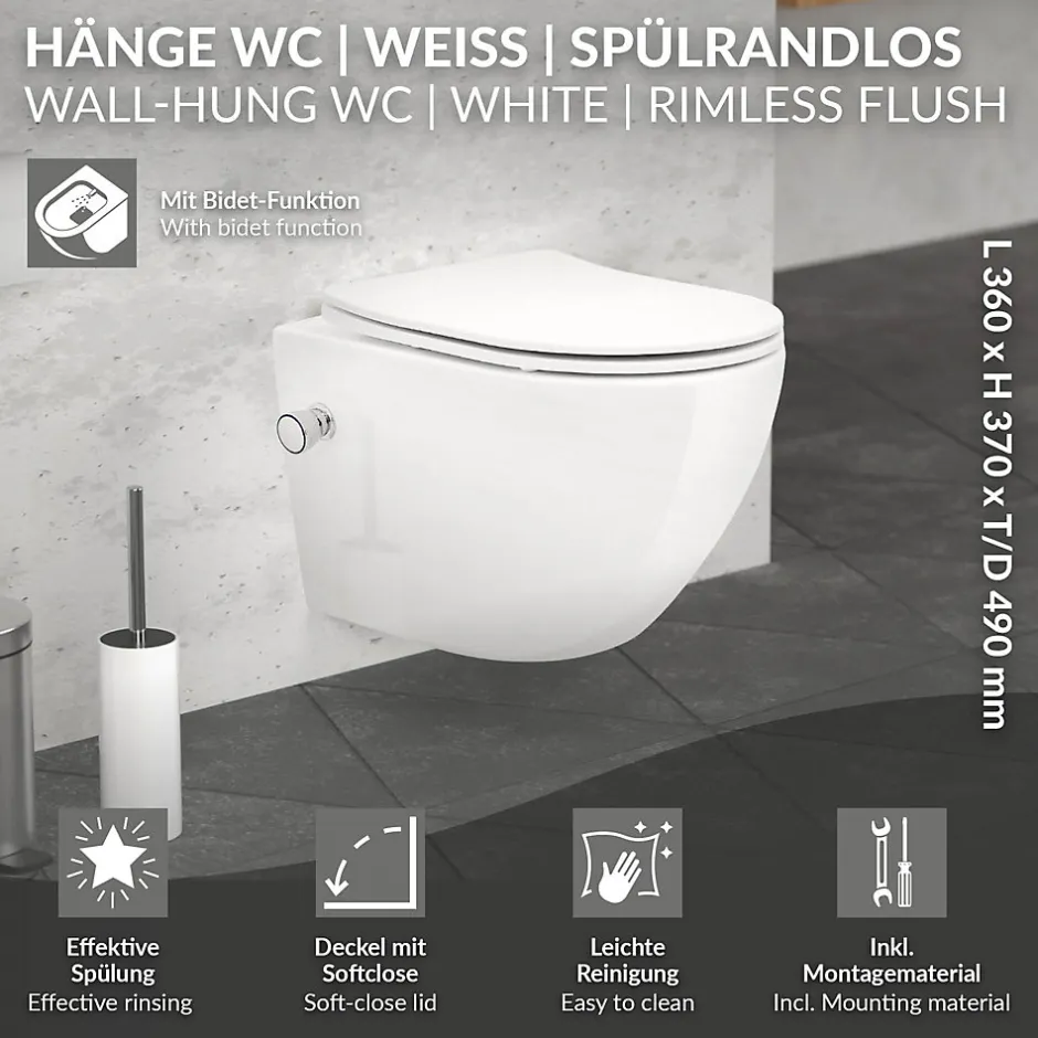 Luxebath Toilette wc suspendu fonction bidet système de rinçage sans bord en céramique* Wc Suspendu