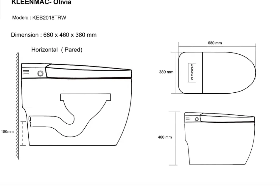 Kleenmac Toilettes intelligentes (sans réservoir) Olivia KEB2018TRW (toilettes japonaises) sortie horizontale 180 mm Gris