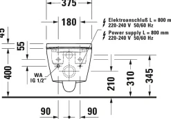 Duravit Toilettes Japonaises, WC japonais suspendu, WC lavant LED + Télécommande, siège chauffant, anti-tartre - 58x37,5x40,5cm - Soleil