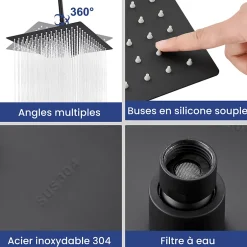 Sofetiy Max Tête de douche Inox Carrée 25cm Kit de douche* Pommeau De Douche, Flexible Et Barre De Douche