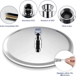 Sofetiy Max Tête de douche Inox Rond 30cm Kit de douche* Pommeau De Douche, Flexible Et Barre De Douche