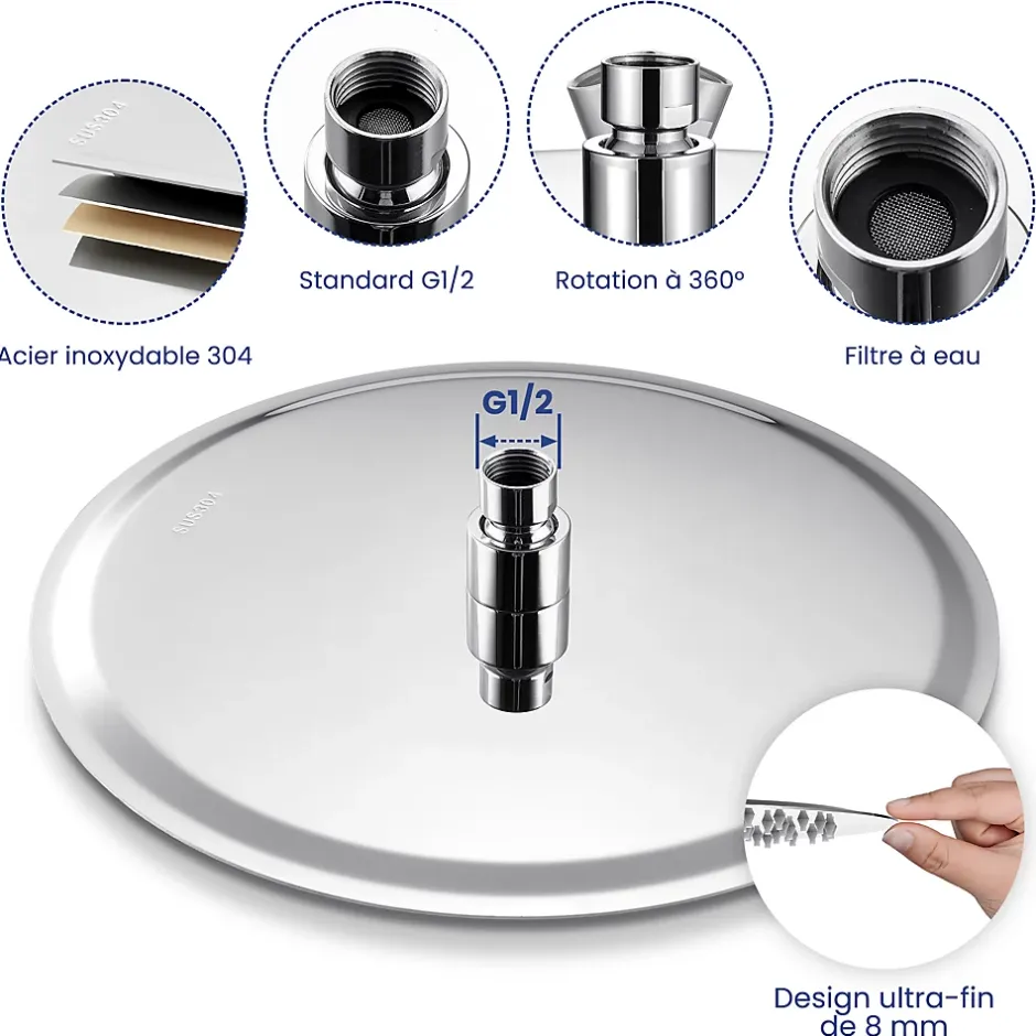Sofetiy Max Tête de douche Inox Rond 30cm Kit de douche* Pommeau De Douche, Flexible Et Barre De Douche