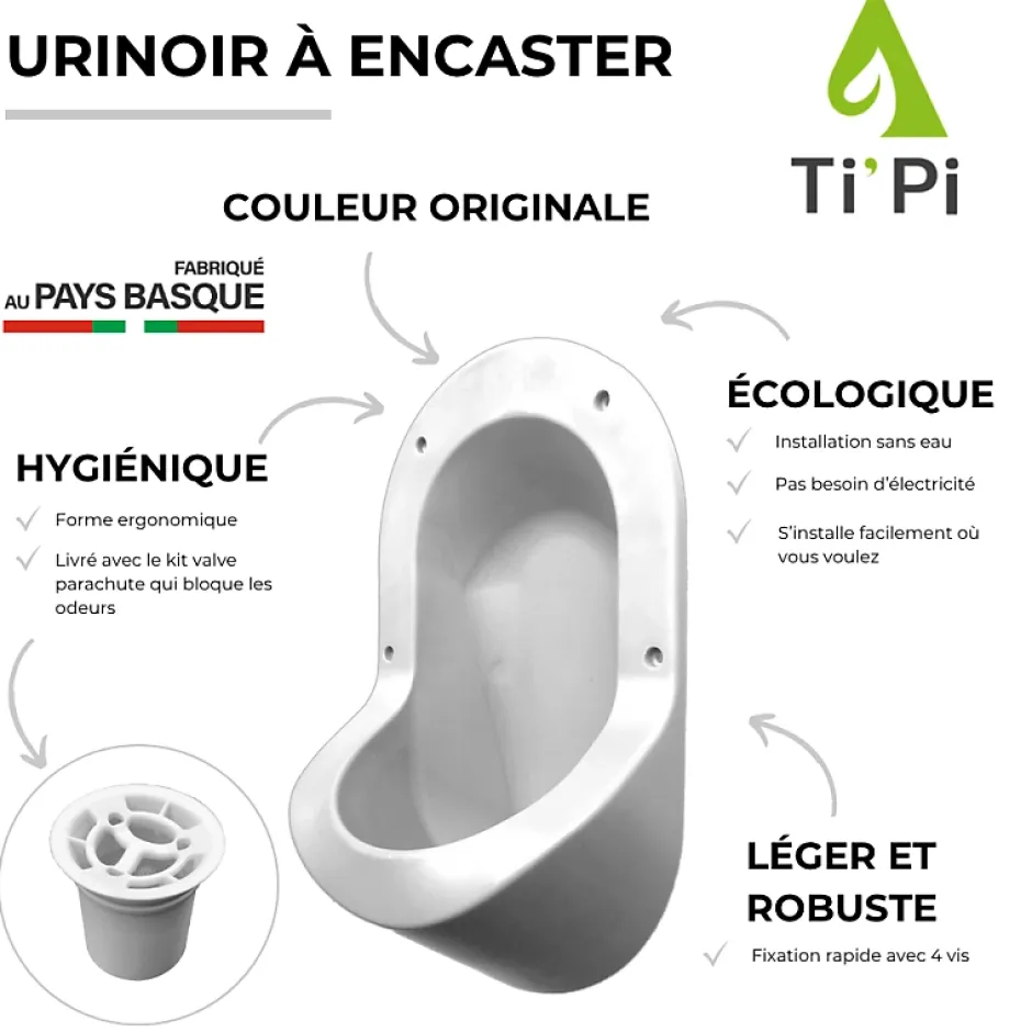 Ti'Pi Urinoir sans eau encastrable blanc + kit valve parachute + pack entretien* Urinoir
