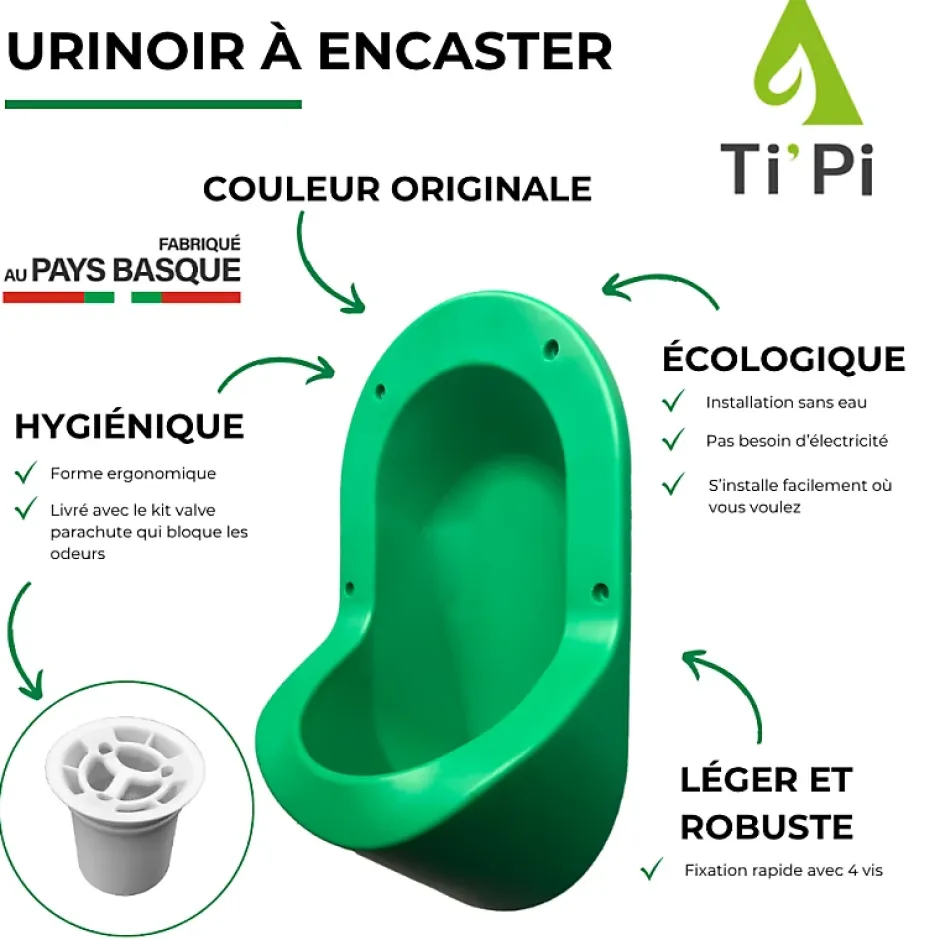 Ti'Pi Urinoir sans eau encastrable vert + kit valve parachute + pack entretien* Urinoir
