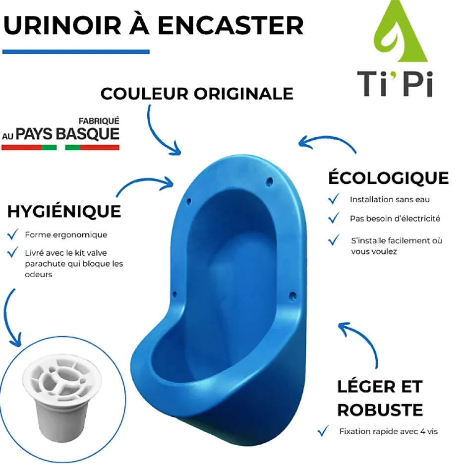 Ti'Pi Urinoir sans eau encastrable bleu + kit valve parachute + pack entretien* Urinoir