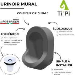 Ti'Pi Urinoir sans eau mural gris + kit valve bec de canard + pack entretien