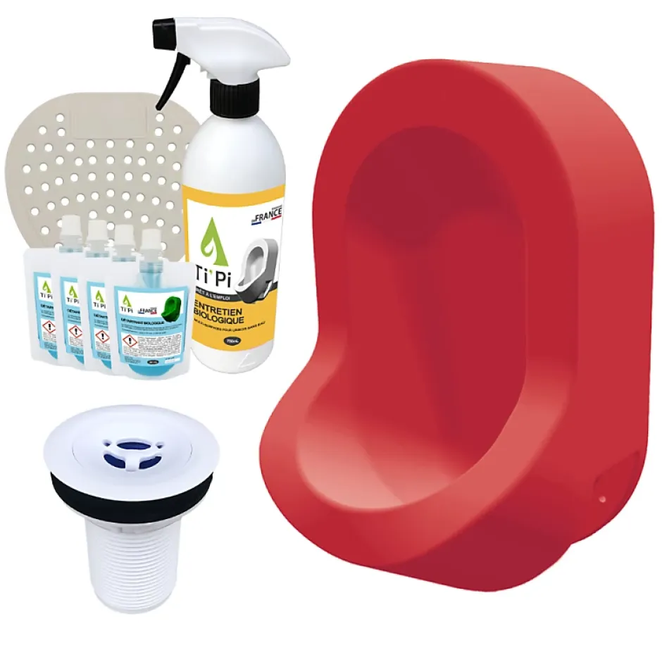 Ti'Pi Urinoir sans eau mural rouge + kit valve bec de canard + pack entretien