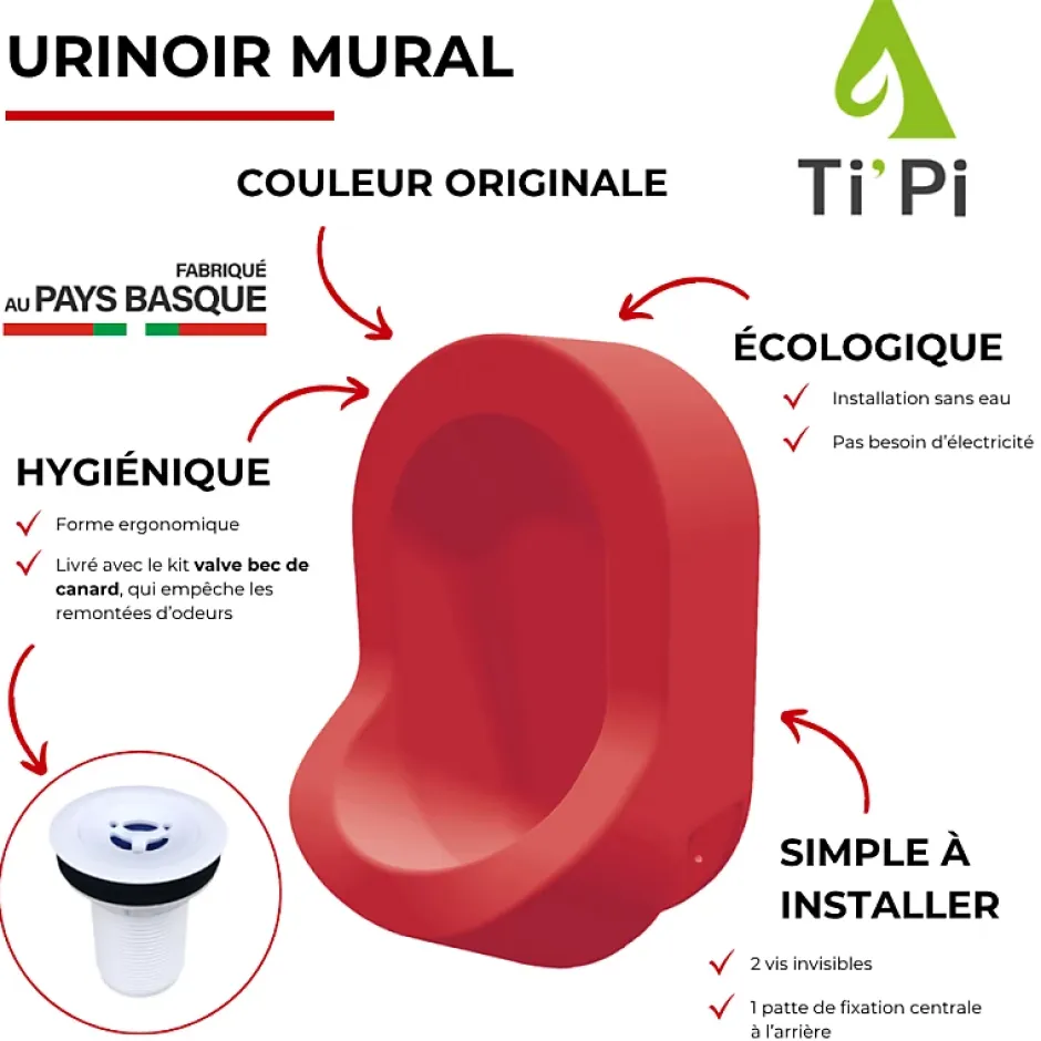 Ti'Pi Urinoir sans eau mural rouge + kit valve bec de canard + pack entretien