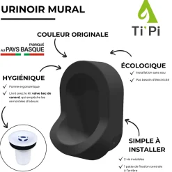 Ti'Pi Urinoir sans eau mural noir + kit valve bec de canard + pack entretien* Urinoir