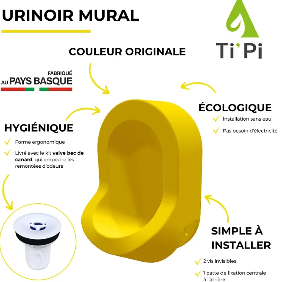 Ti'Pi Urinoir sans eau mural jaune + kit valve bec de canard + pack entretien
