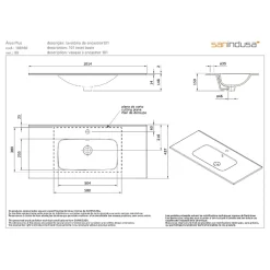 Sanindusa Vasque à encastrer sur plan de toilette ou à poser sur meuble 101x46 hauteur 15cm (mitigeur et vidage non inclus)* Vasque À Encastrer