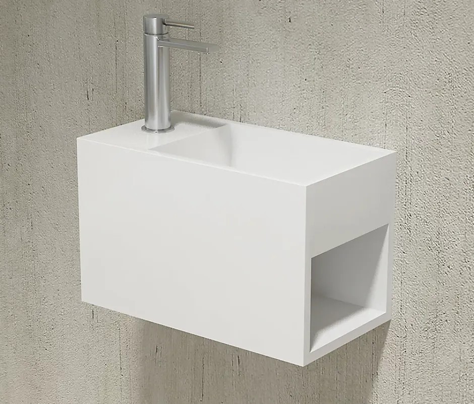 Bernstein Vasque / Lavabo mural rectangulaire Fonte minérale 33x18x20,5cm Blanc mat, rangement intégré - PB2046* Lavabo