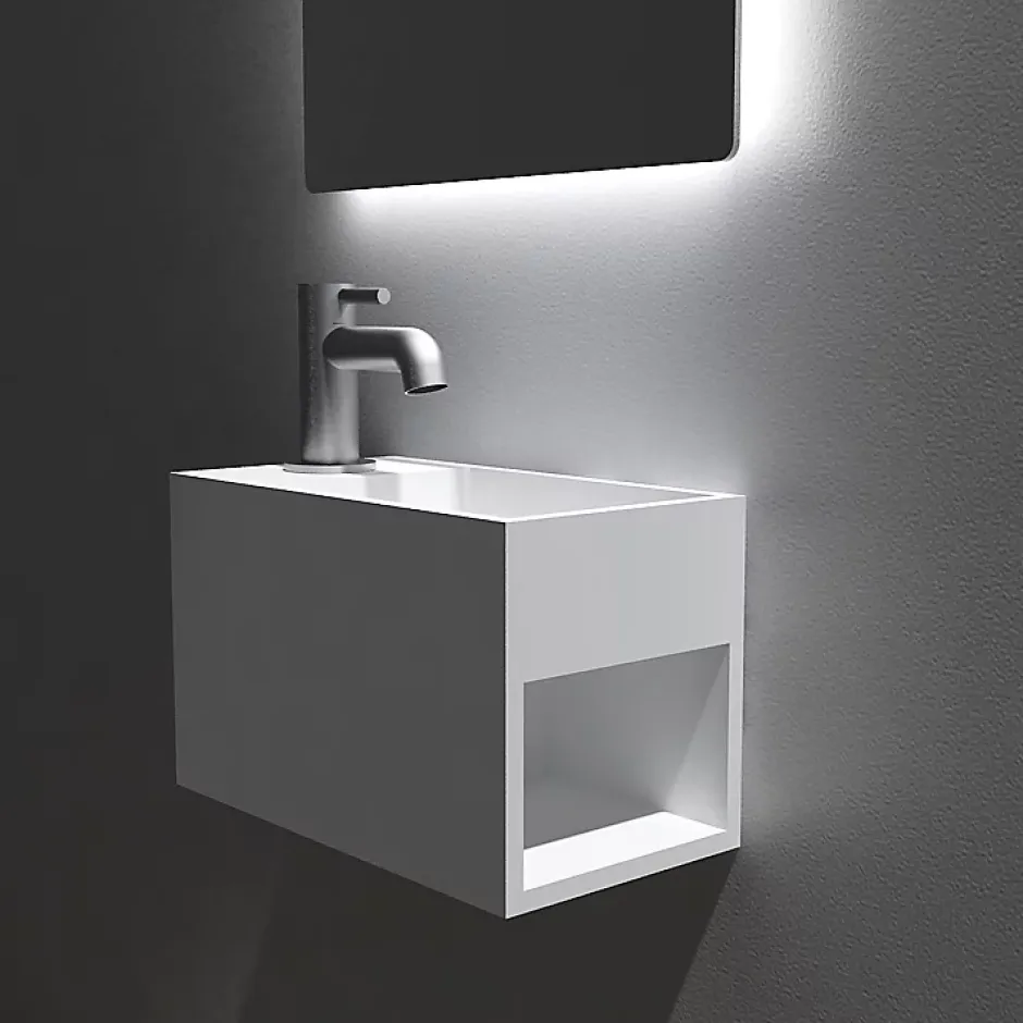 Bernstein Vasque / Lavabo mural rectangulaire Fonte minérale 33x18x20,5cm Blanc mat, rangement intégré - PB2046* Lavabo
