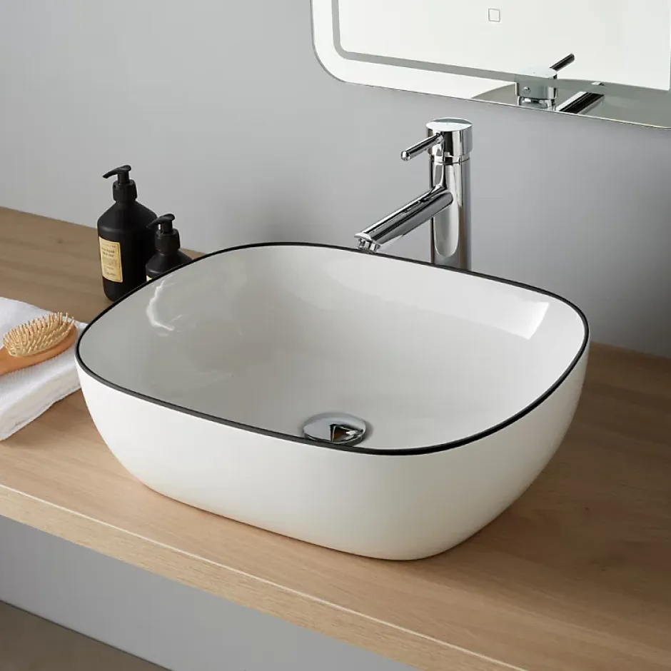 Planète Bain Vasque à poser 49.5 cm blanche avec liseré noir - Mady