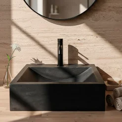 Vasque à poser carrée en basalte noir L.45 x H.10 x P.45 cm, Casa Linea Alba* Vasque À Poser