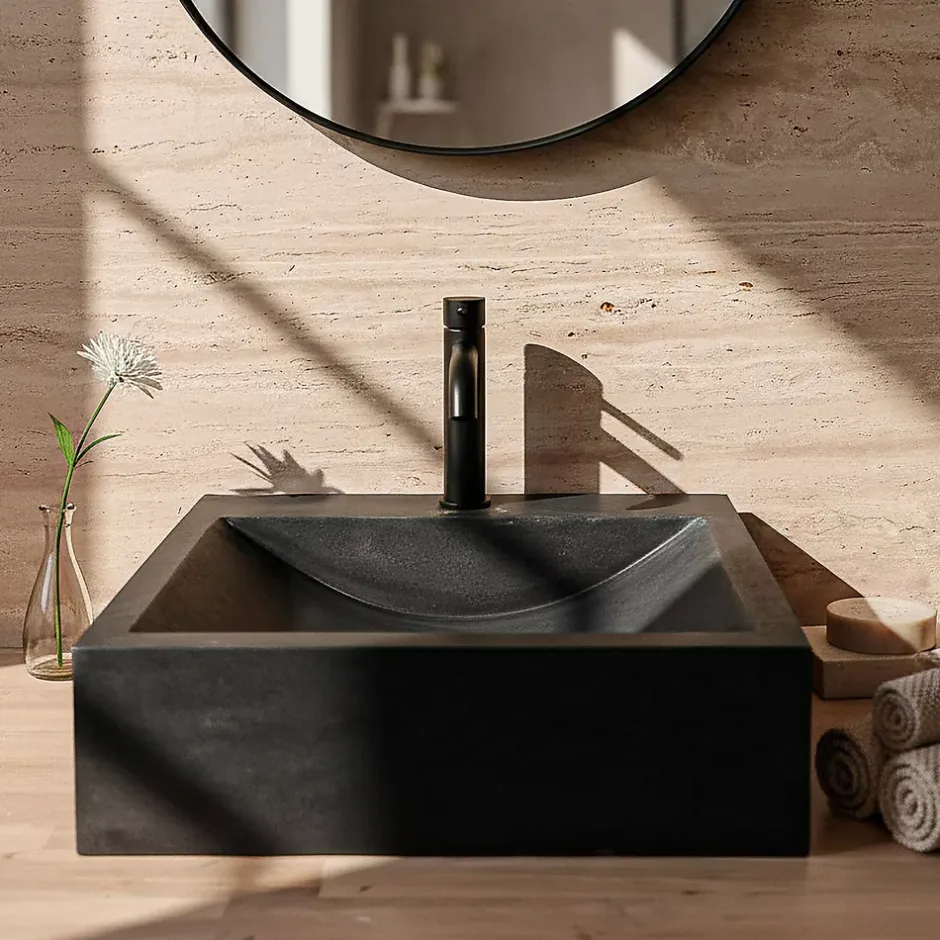 Vasque à poser carrée en basalte noir L.45 x H.10 x P.45 cm, Casa Linea Alba* Vasque À Poser