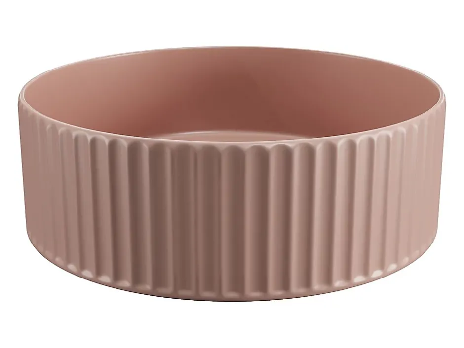 Vente-unique Vasque à poser en céramique striée ronde - Rose mat - 36 cm - PEDARA* Vasque À Poser