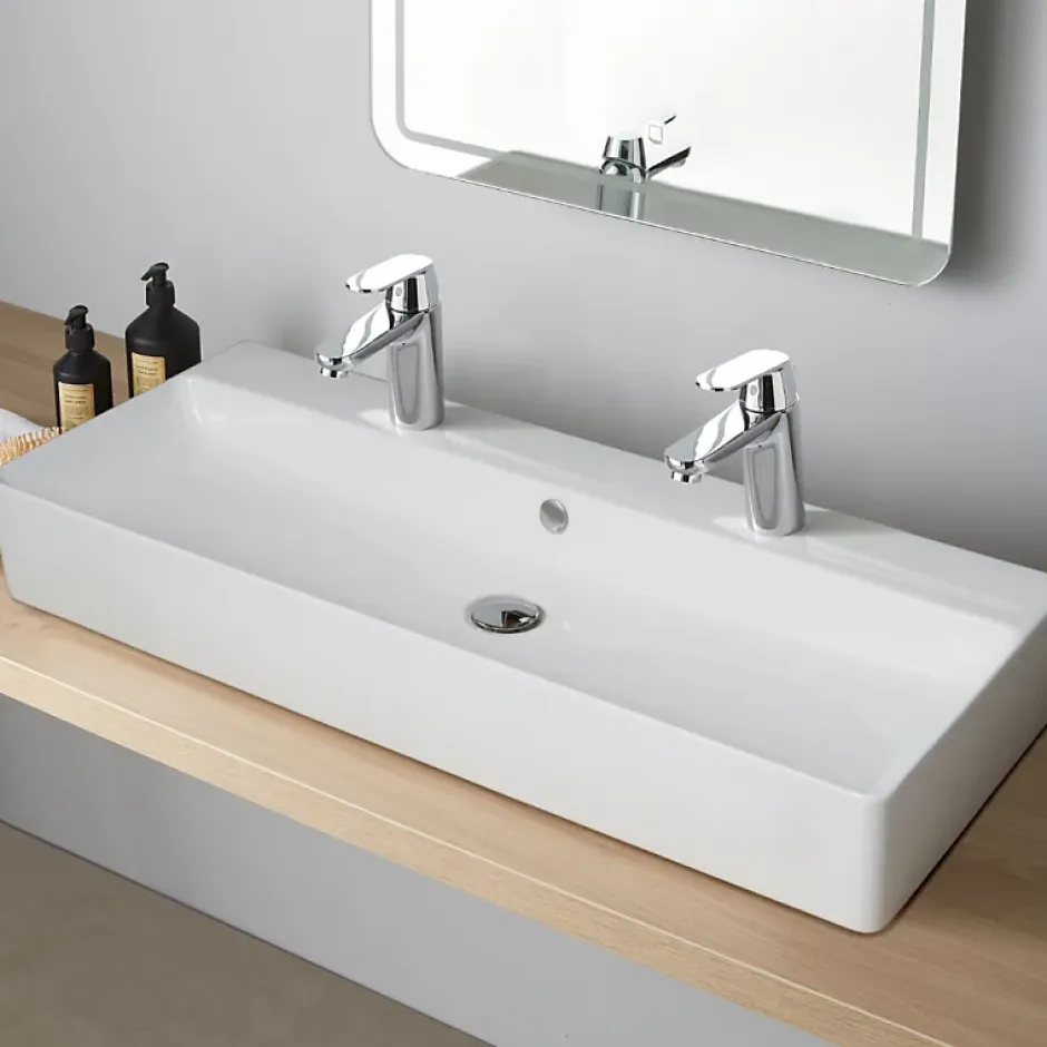 Planète Bain Vasque à poser ou à suspendre double robinet grande taille 110 x 42 cm - Regus* Vasque À Poser