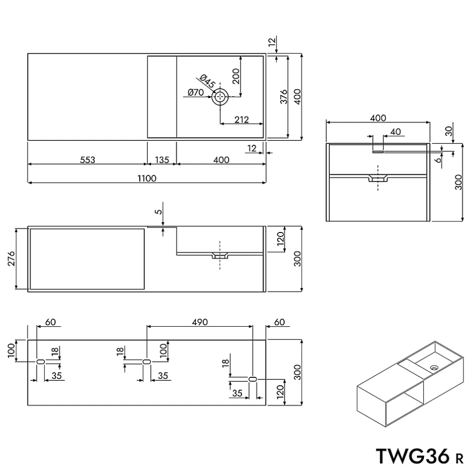 Bernstein Vasque à poser ou vasque murale 110x40x30cm en fonte minérale avec espace de rangement - Blanc - TWG36