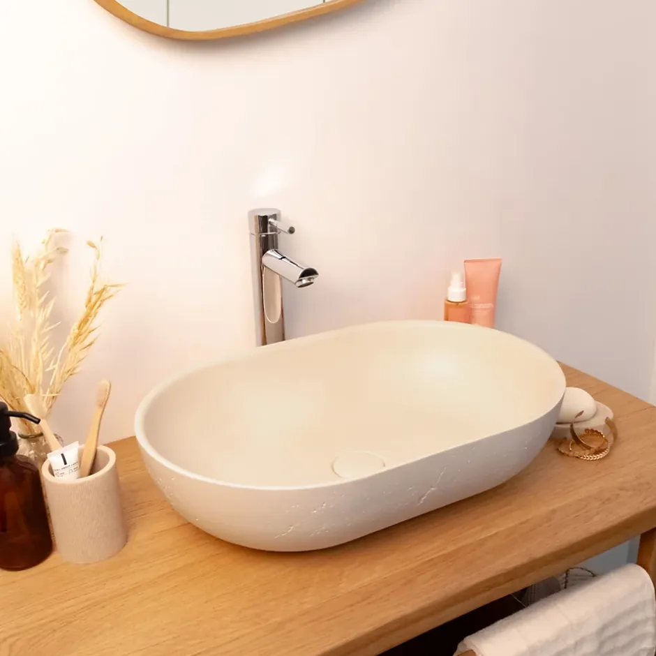 Homesight Vasque à poser ovale béton beige l.53 x H.13 cm Emmy