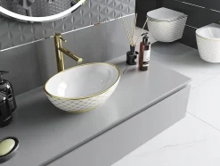 Silla Global Vasque à poser ovale, céramique 40,5x33x14 cm Blanc/or